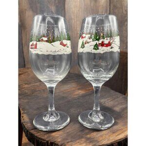 2 Libbey Glass Company Winter Village Water / Wine Goblet Glass